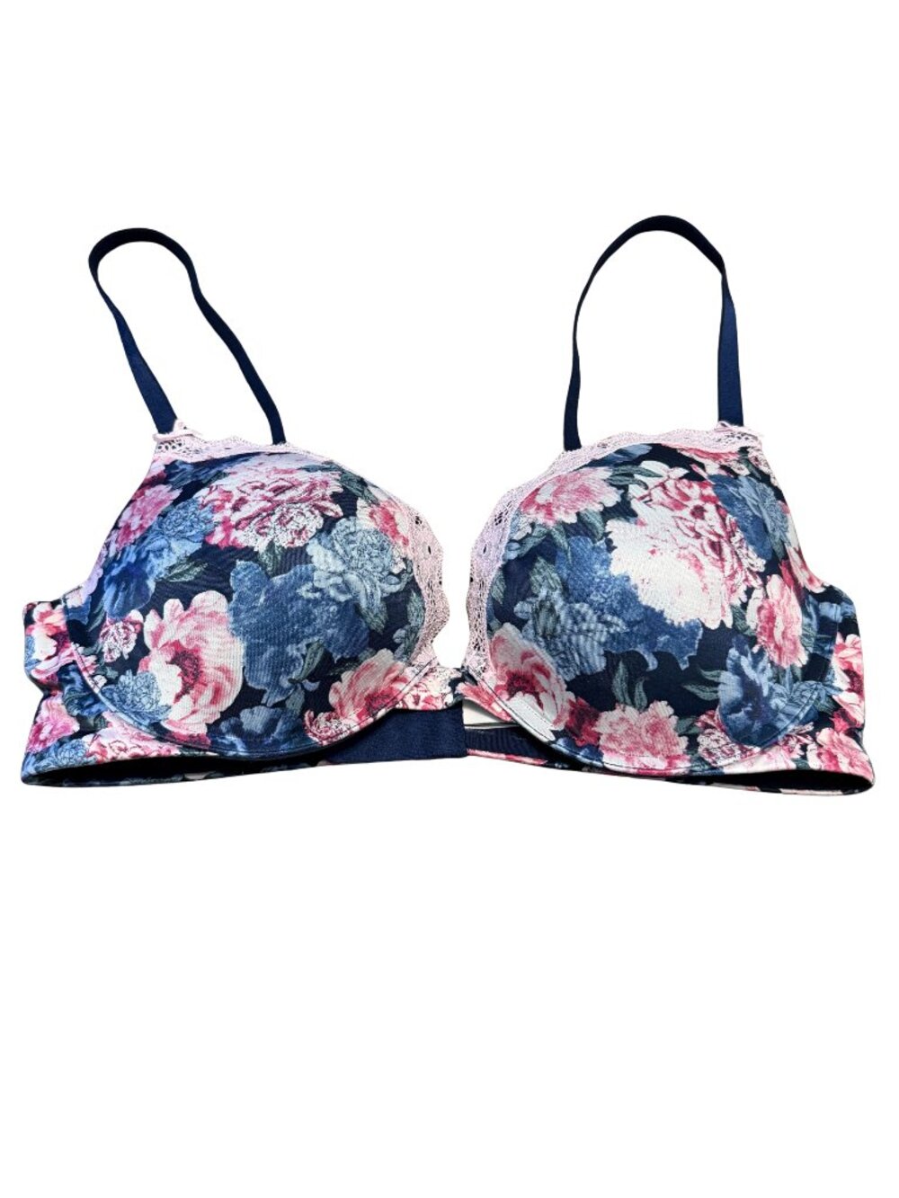 Victoria’s Secret Dream Angels Push-Up Bra 38C Floral Lace Navy Blue Pink
